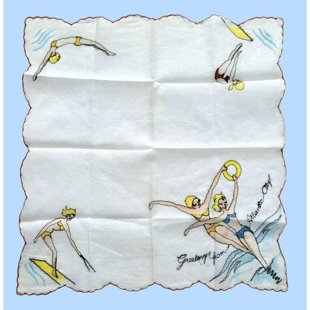 VTG Handkerchief Pin Up Girls Bikini Swimmer Diver Atlantic City Souvenir Hanky